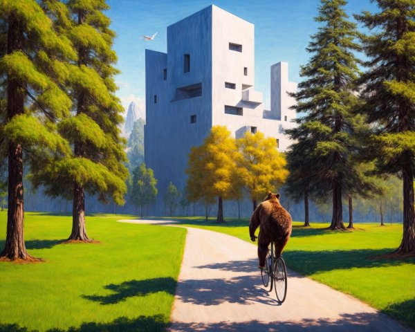 Bear Riding Bicycle in Vibrant Park Landscape