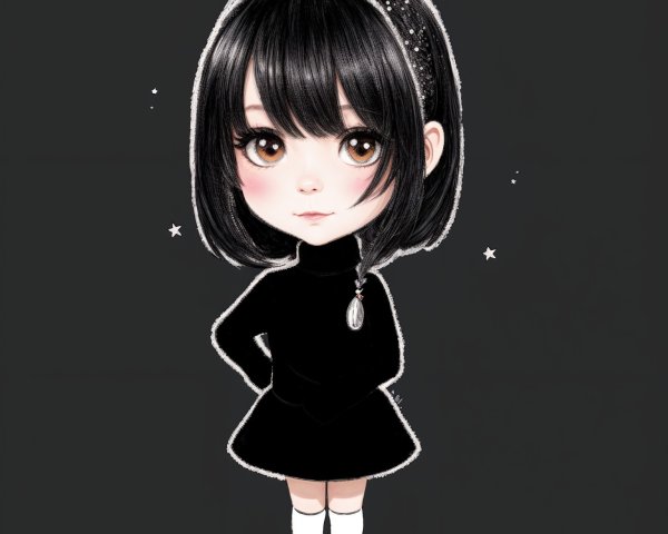 Cartoon Illustration of a Young Girl in Black Dress
