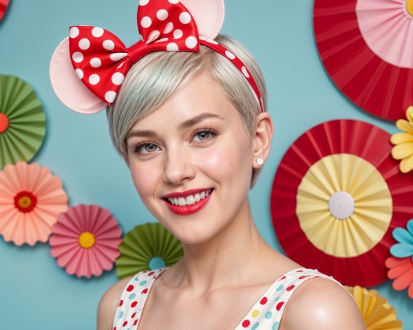 Cheerful Young Woman in Polka-Dotted Dress and Bow Headband