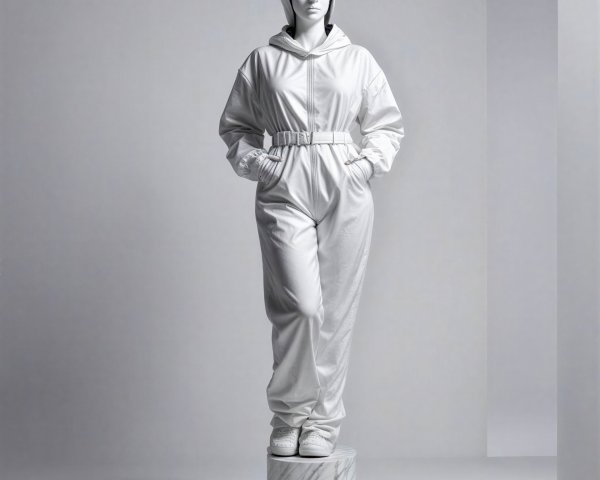 White Mannequin in White Jumpsuit on Marble Pedestal