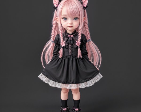 Doll-like character with pastel pink hair and black dress