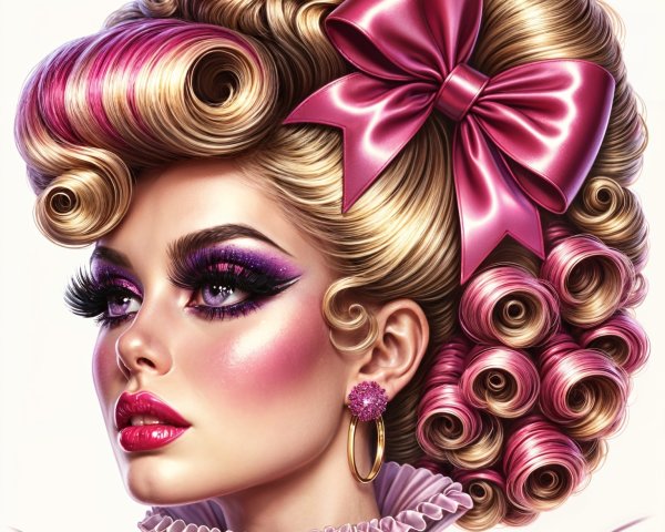 Glamorous Young Woman with Retro Curls and Bow