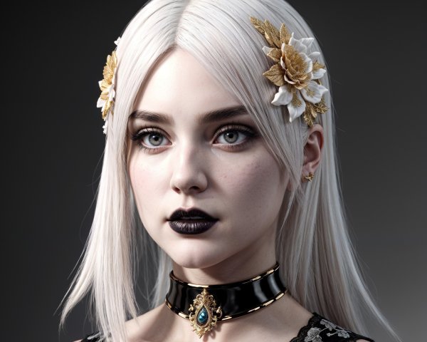 Platinum Blonde Figure with Floral Accents and Dark Makeup