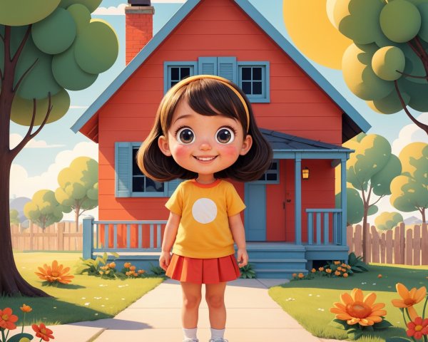 Cheerful girl in front of bright orange house scene