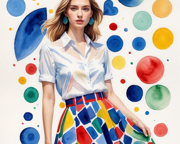 Young woman in patterned outfit against colorful backdrop