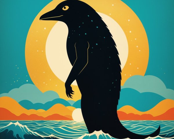 Stylized Aquatic Creature Against Vibrant Sunset