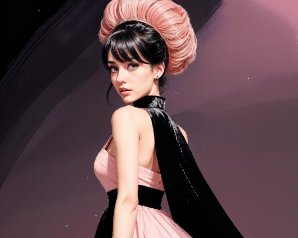 Elegant Woman in Pink Gown Against Cosmic Backdrop