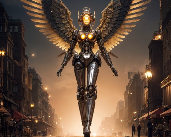 Robotic Figure with Wings on Dimly Lit Street