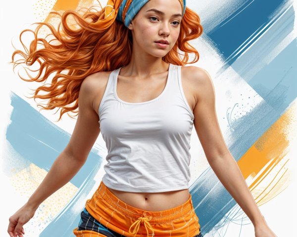 Young woman in motion with vibrant orange hair and shorts