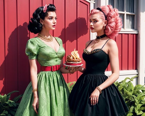 Elegant Women in Vintage Dresses Presenting Dessert