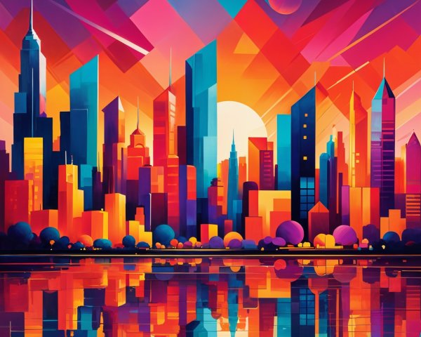 Vibrant City Skyline at Sunset with Colorful Reflections