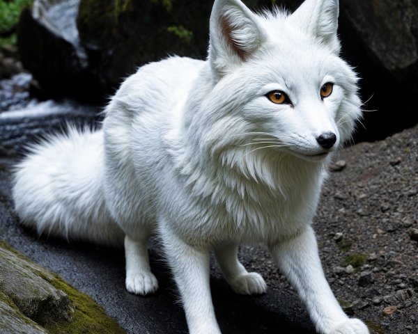 White Fox by Rocky Stream in Serene Forest Setting