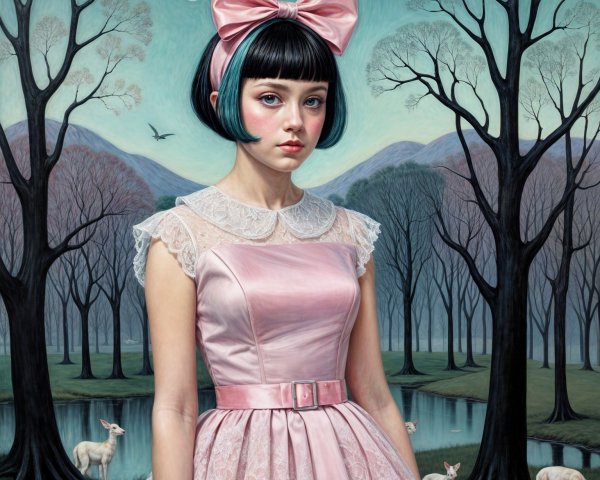 Dreamlike Landscape with Girl in Pink Dress and Rabbits