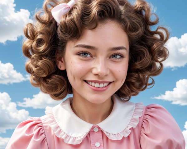 Joyful young girl with curly hair and pink bow