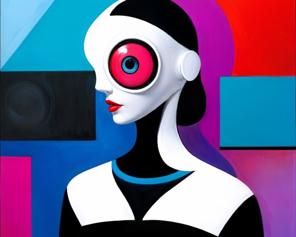 Stylized Portrait with White Face and Red Eye