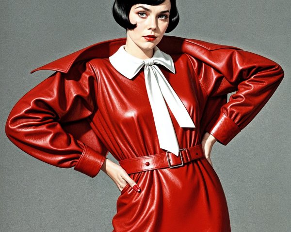 Stylish Model in Red Leather Coat-Dress with Bow