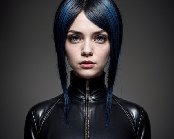 Young woman with blue hair in black leather outfit