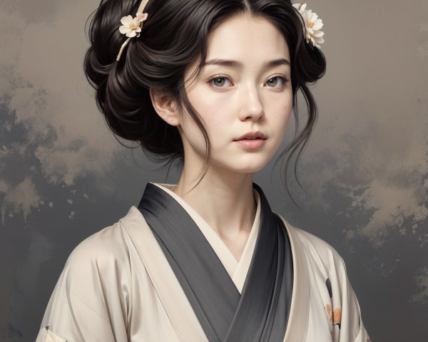 Traditional Kimono with Floral Patterns and Elegant Hair