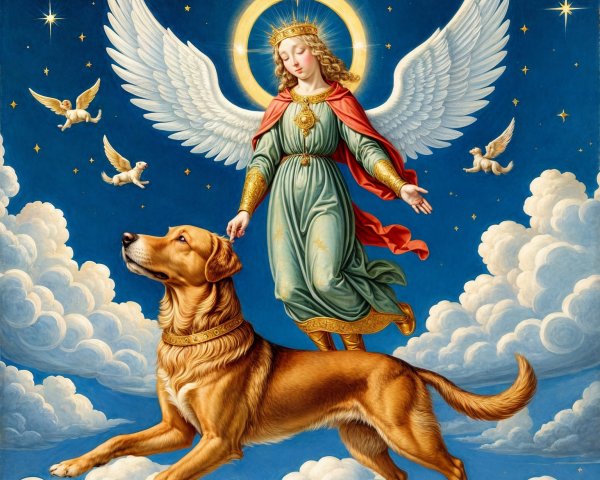 Celestial Scene with Angel, Doves, and Golden Retriever