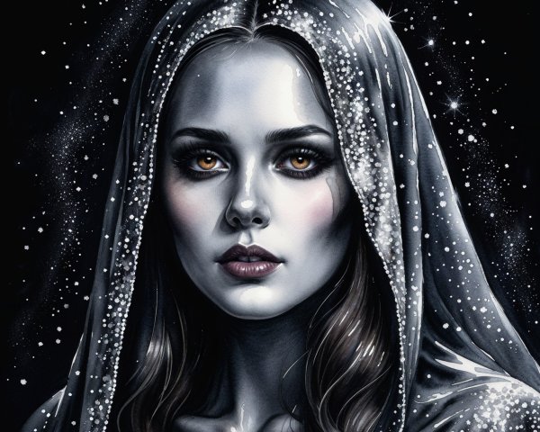 Ethereal Woman with Veil and Starry Backdrop