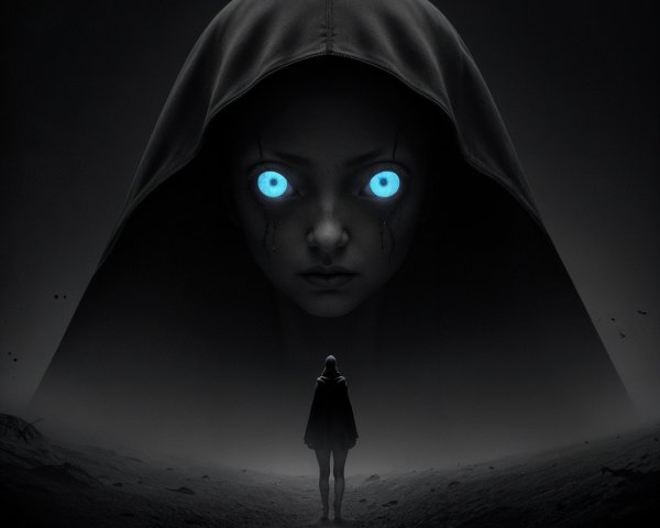 Mysterious Hooded Figure with Glowing Blue Eyes