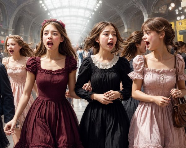 Young Women in Vintage Dresses in Elegant Space