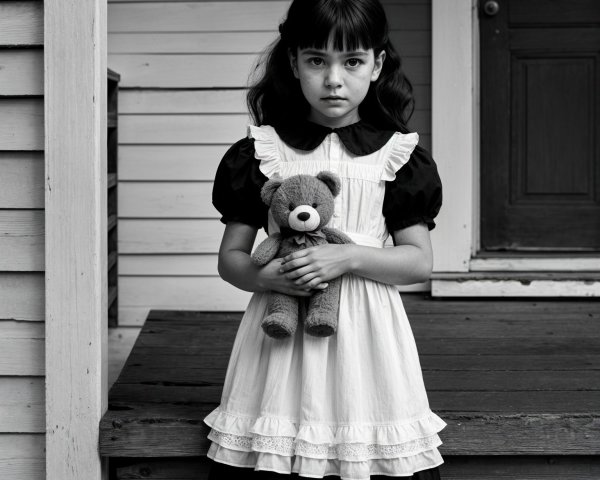 Young Girl with Teddy Bear in Vintage Dress Photo