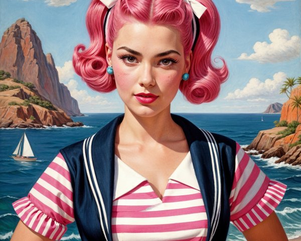 Portrait of a Woman with Pink Hair and Coastal Background