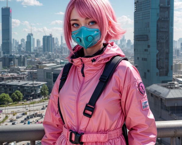 Young person with pink hair on city rooftop