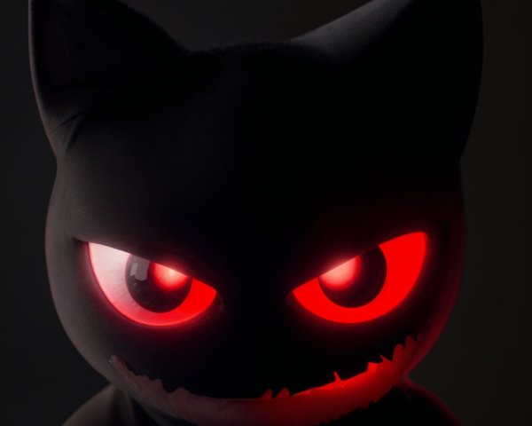 Stylized Black Cat Figure with Red Eyes in Dark Setting