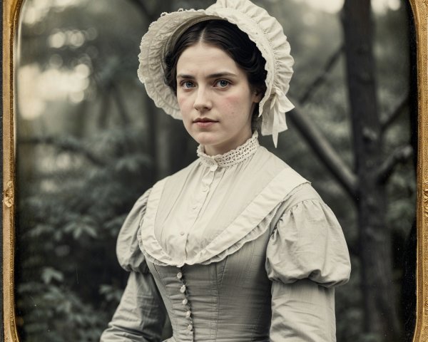 Vintage Young Woman in Light Gray Gown and Bonnet