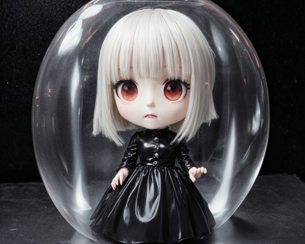Stylized doll with white hair in a transparent bubble