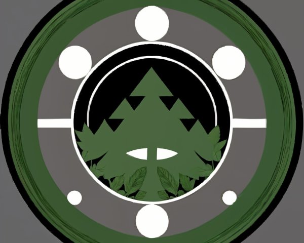 Circular emblem with green mountain motifs and leaves