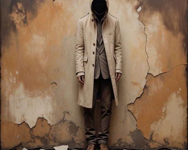 Mysterious Figure in Beige Coat Against Weathered Wall