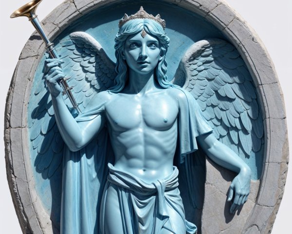 Blue-toned angelic statue with trumpet and wings