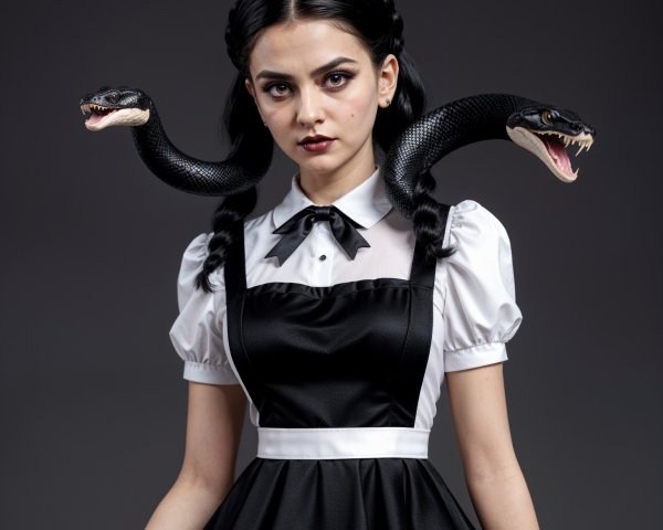 Young woman in black dress with snakes on shoulders