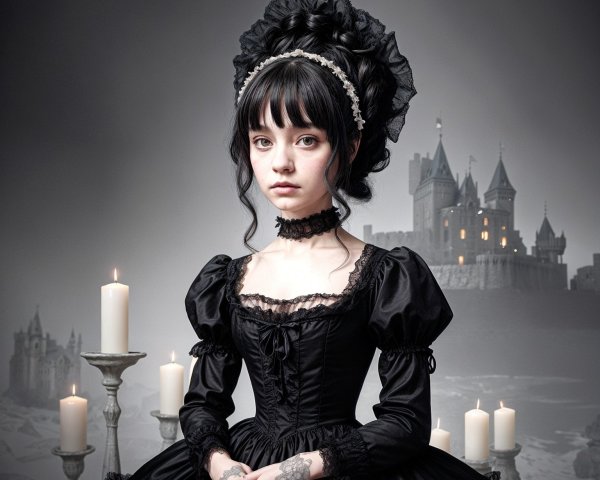 Gothic Scene with Woman in Victorian Gown and Castle
