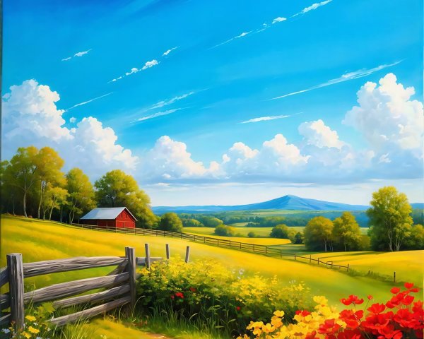Vibrant Landscape with Barn and Colorful Wildflowers