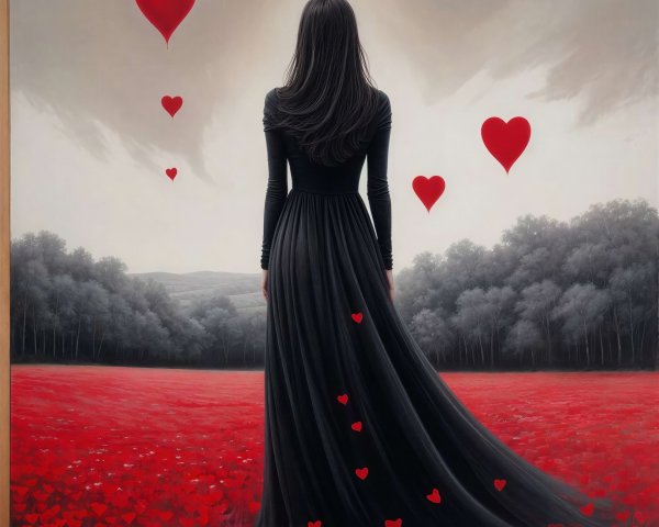 Woman in Black Gown Surrounded by Red Hearts in Field