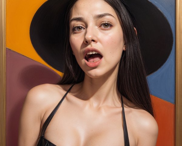 Young Woman in Black Leather Top with Geometric Background