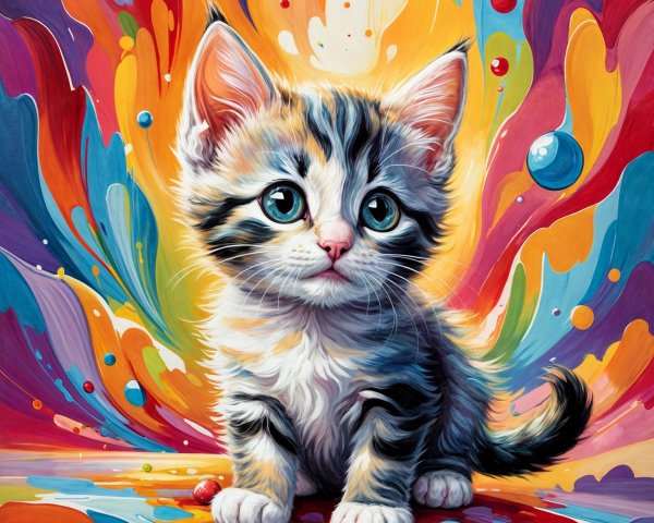 Colorful Painting of a Playful Kitten with Swirls