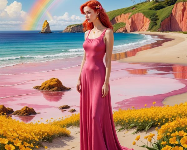 Young Woman in Pink Dress on Scenic Beach Setting