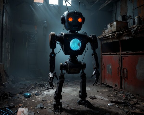 Retro-Futuristic Robot in Abandoned Warehouse Setting