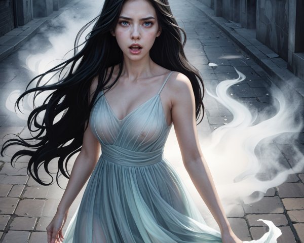 Young woman in ethereal gown on misty cobblestone street