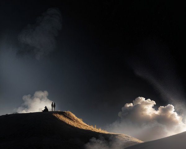 Figures on a Rugged Hill Amidst Mists and Clouds