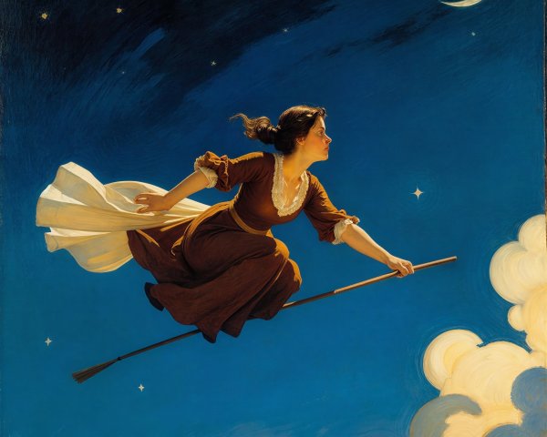 young woman flying on a broomstick in a night sky