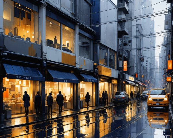 Urban Street Scene with Evening Lights and Rain Reflection