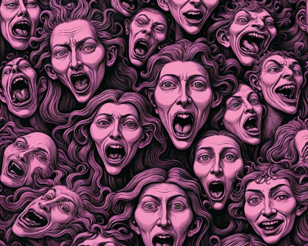 Collage of Anguished Faces in Deep Pinks and Blacks