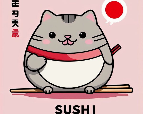 Cartoon Cat Character with Sushi Theme and Chopsticks