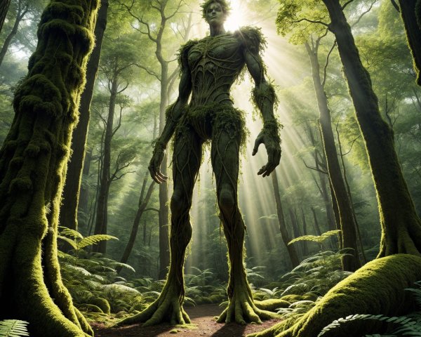 Humanoid Figure of Branches in Sunlit Forest